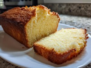 A golden-brown cream cheese pound cake loaf with one thick slice cut and resting beside it on a white plate.