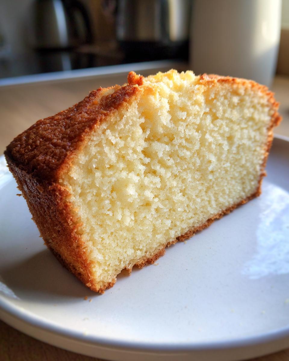 Close-up of a thick slice of moist cream cheese pound cake showing its dense, fine crumb texture and golden crust.