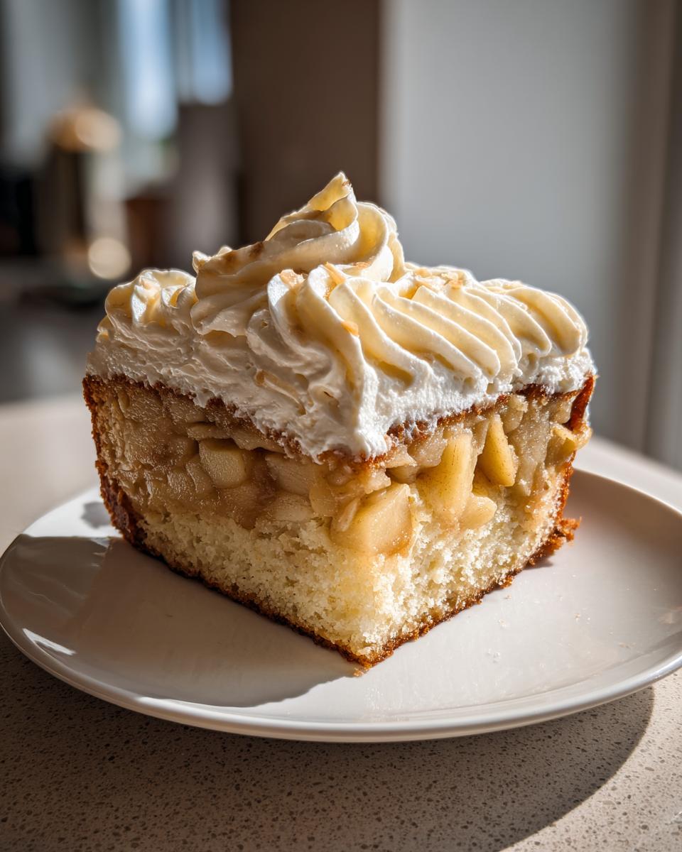 A thick slice of moist German apple cake loaded with cooked apples and topped with piped Amaretto cream.