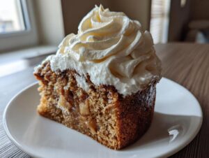 Close-up of a slice of moist German apple cake topped with a generous swirl of amaretto cream.