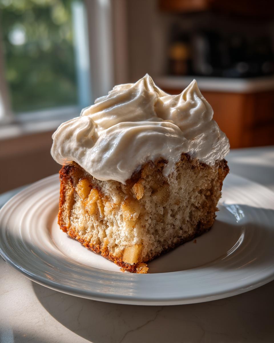 A square slice of moist German apple cake studded with visible apple pieces, topped with a generous swirl of white cream.