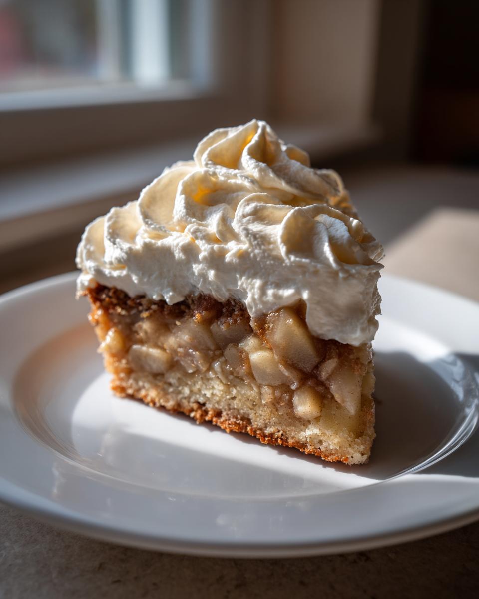 A delicious slice of moist German apple cake, featuring chunky apple filling and topped with a generous swirl of whipped cream.