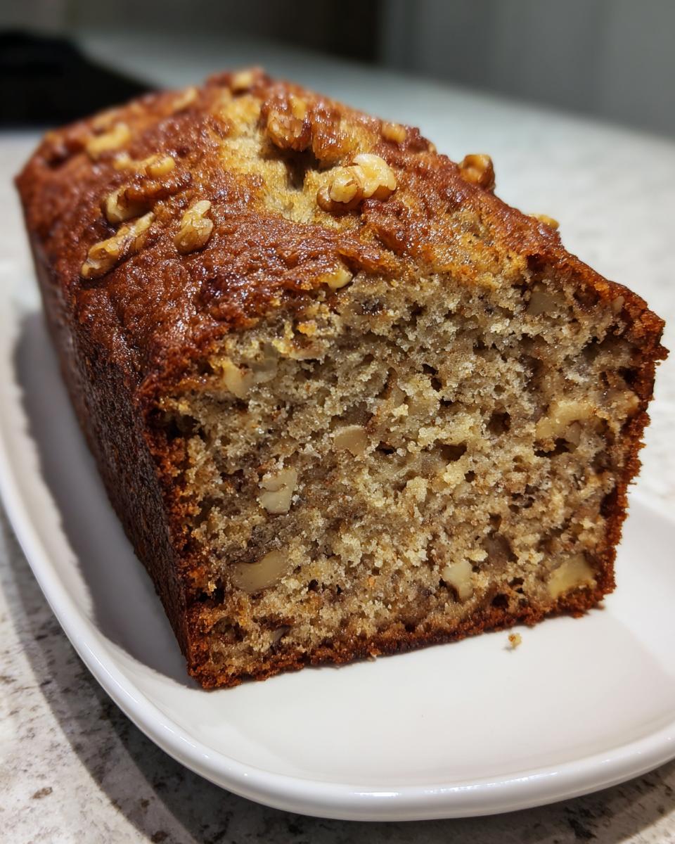 A close-up of a loaf of moist greek yogurt banana bread, topped with walnuts, resting on a white plate.