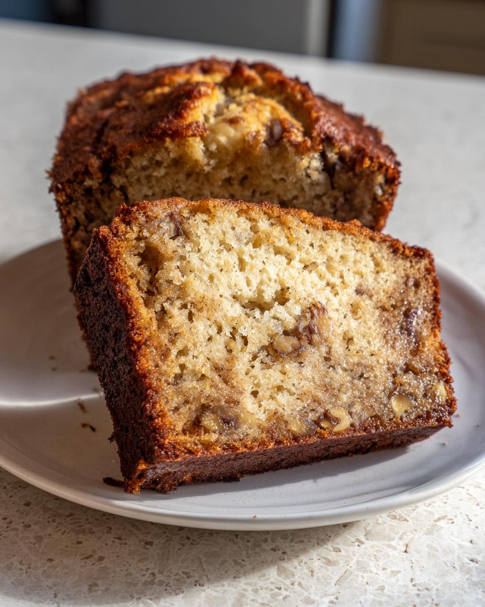 A thick slice of moist greek yogurt banana bread showing walnuts and a golden brown crust, with the rest of the loaf behind it.