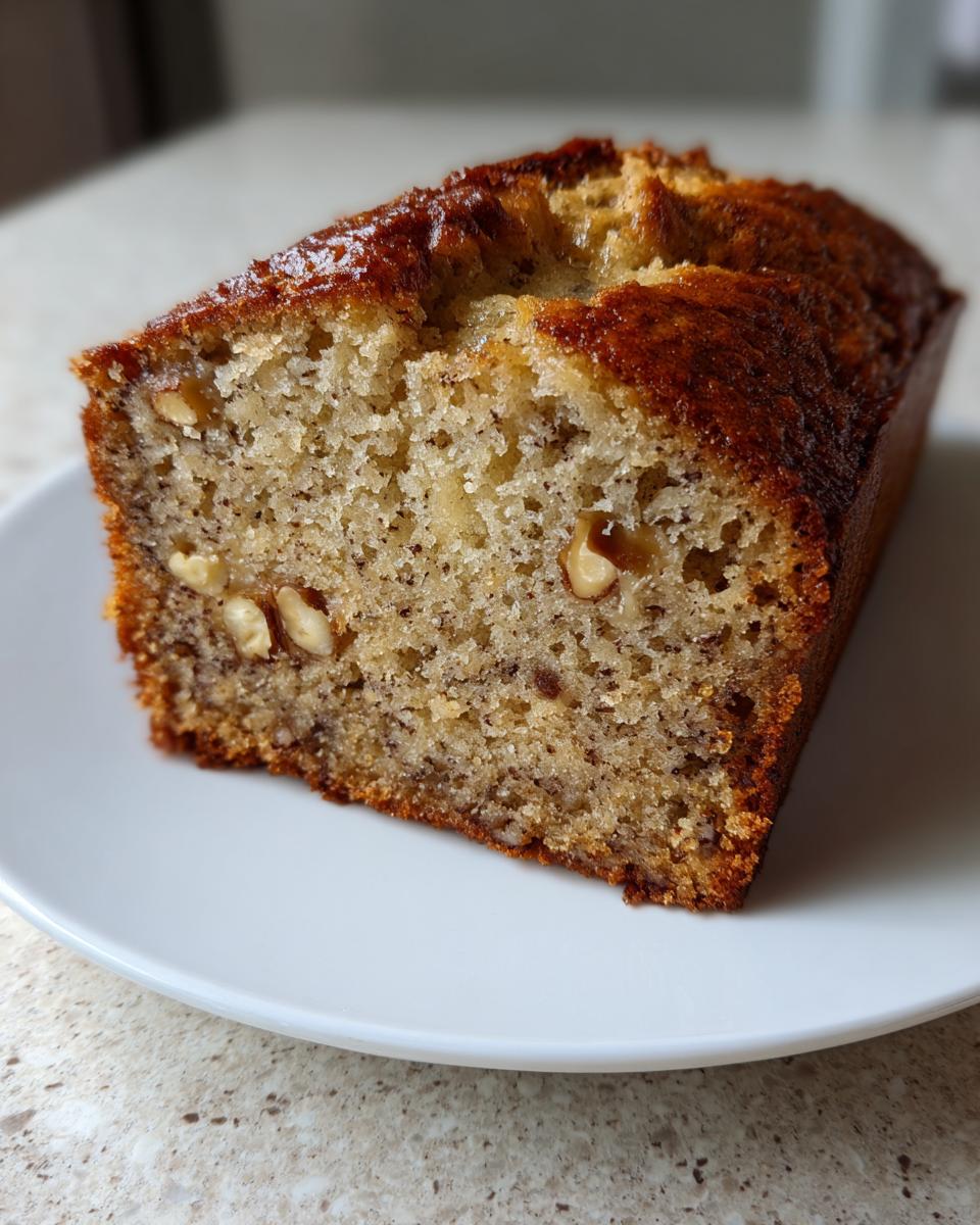 Close-up of a moist slice of greek yogurt banana bread showing the crumb texture and visible walnuts.