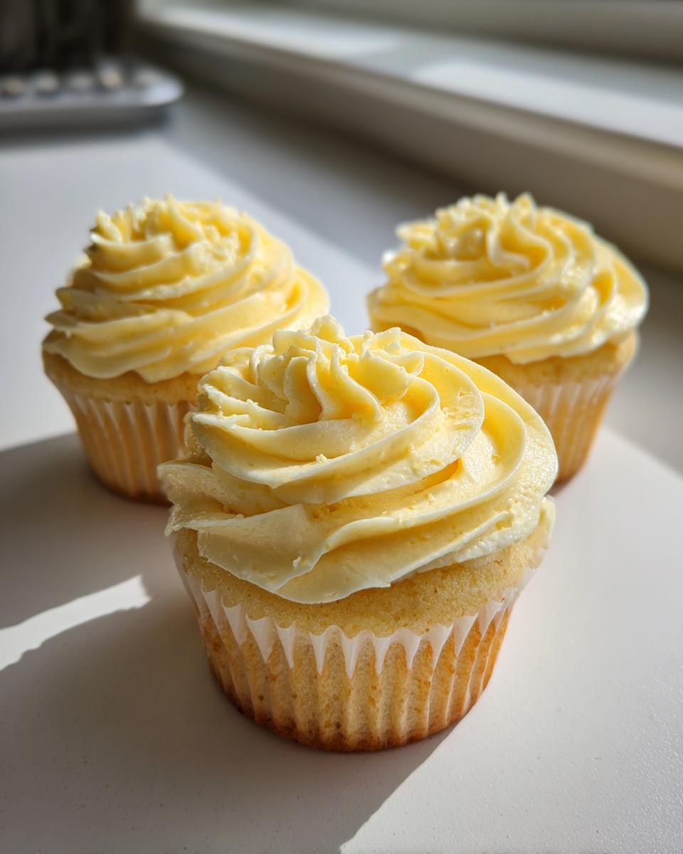 Three beautifully frosted lemon cupcakes with pale yellow buttercream sitting on a white surface near a window.