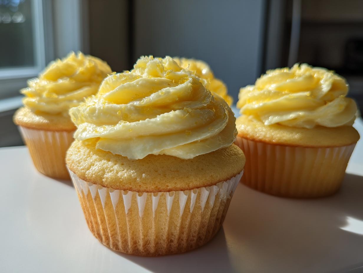 Close-up of three moist lemon cupcakes topped with swirled yellow frosting and lemon zest.