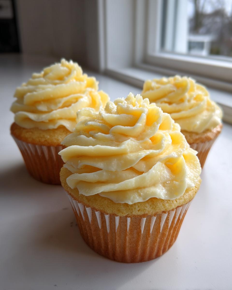 Three moist lemon cupcakes topped with swirls of pale yellow lemon frosting sitting on a white surface near a window.