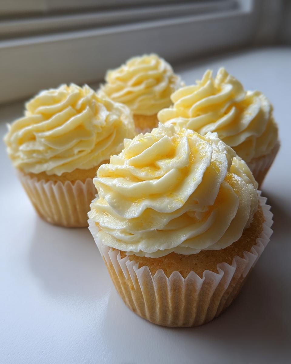 Close-up of four moist lemon cupcakes topped with swirled yellow buttercream frosting.