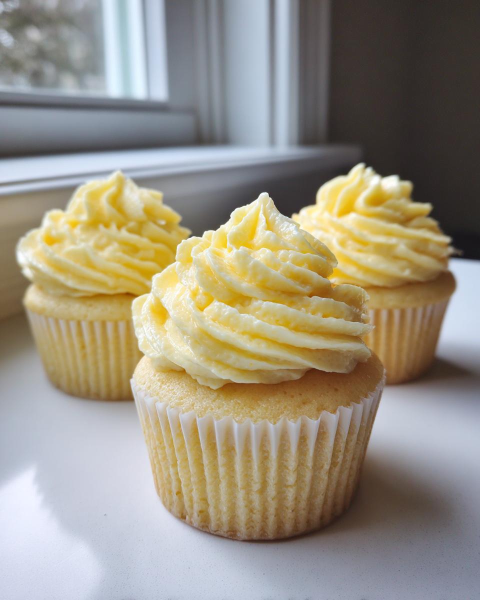 Three moist lemon cupcakes topped with bright yellow, piped buttercream frosting sitting on a white surface near a window.
