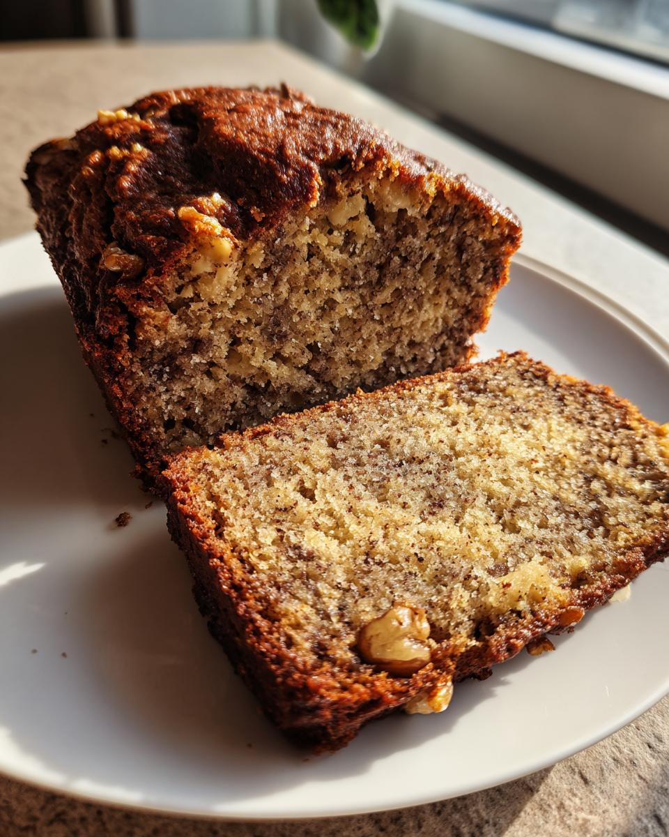 A close-up of a loaf of sugar free banana bread, sliced to show the moist texture and walnuts inside.