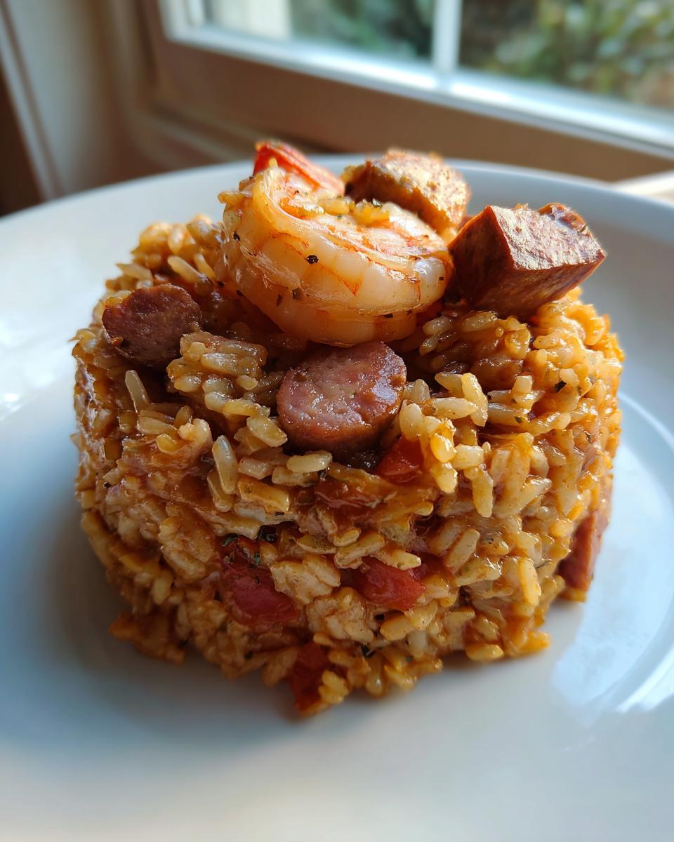 A molded serving of flavorful jambalaya topped with a seasoned shrimp and slices of andouille sausage.