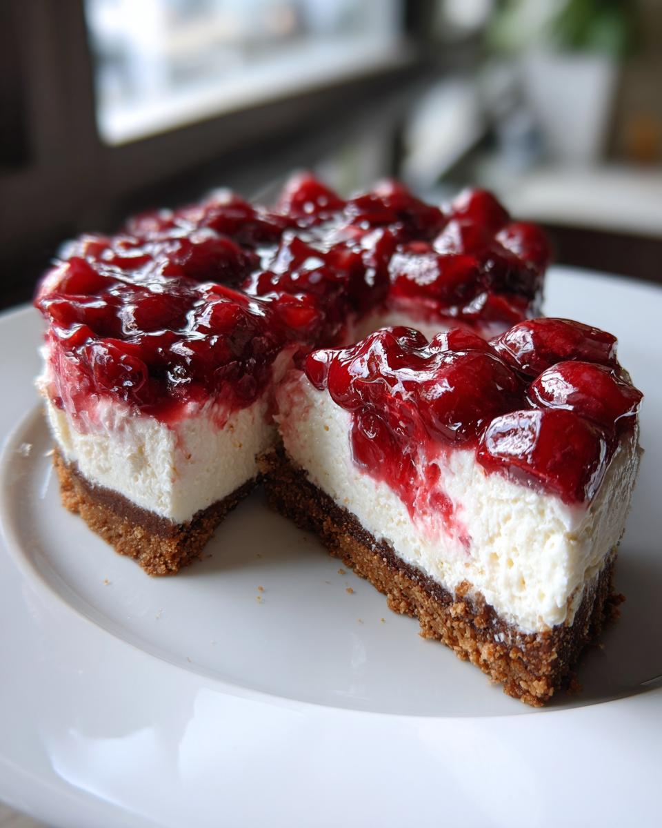 A close-up of a slice of no-bake cherry cheesecake showing the graham cracker crust, creamy filling, and bright cherry topping.