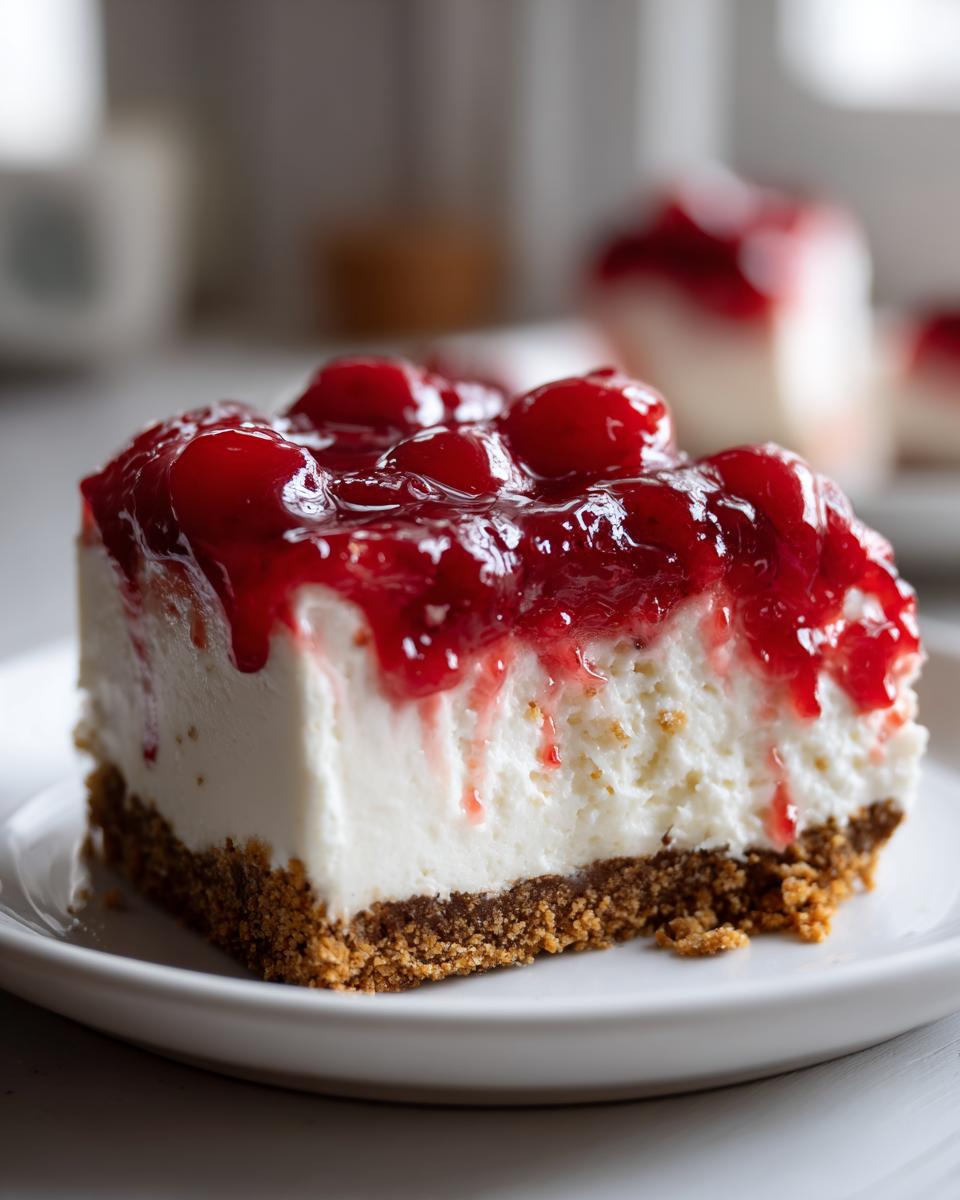 A close-up of a thick slice of no-bake cherry cheesecake with a graham cracker crust, topped with glossy cherry pie filling.