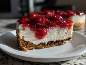 A close-up of a perfect slice of no-bake cherry cheesecake showing the thick graham cracker crust, creamy white filling, and bright red cherry topping.
