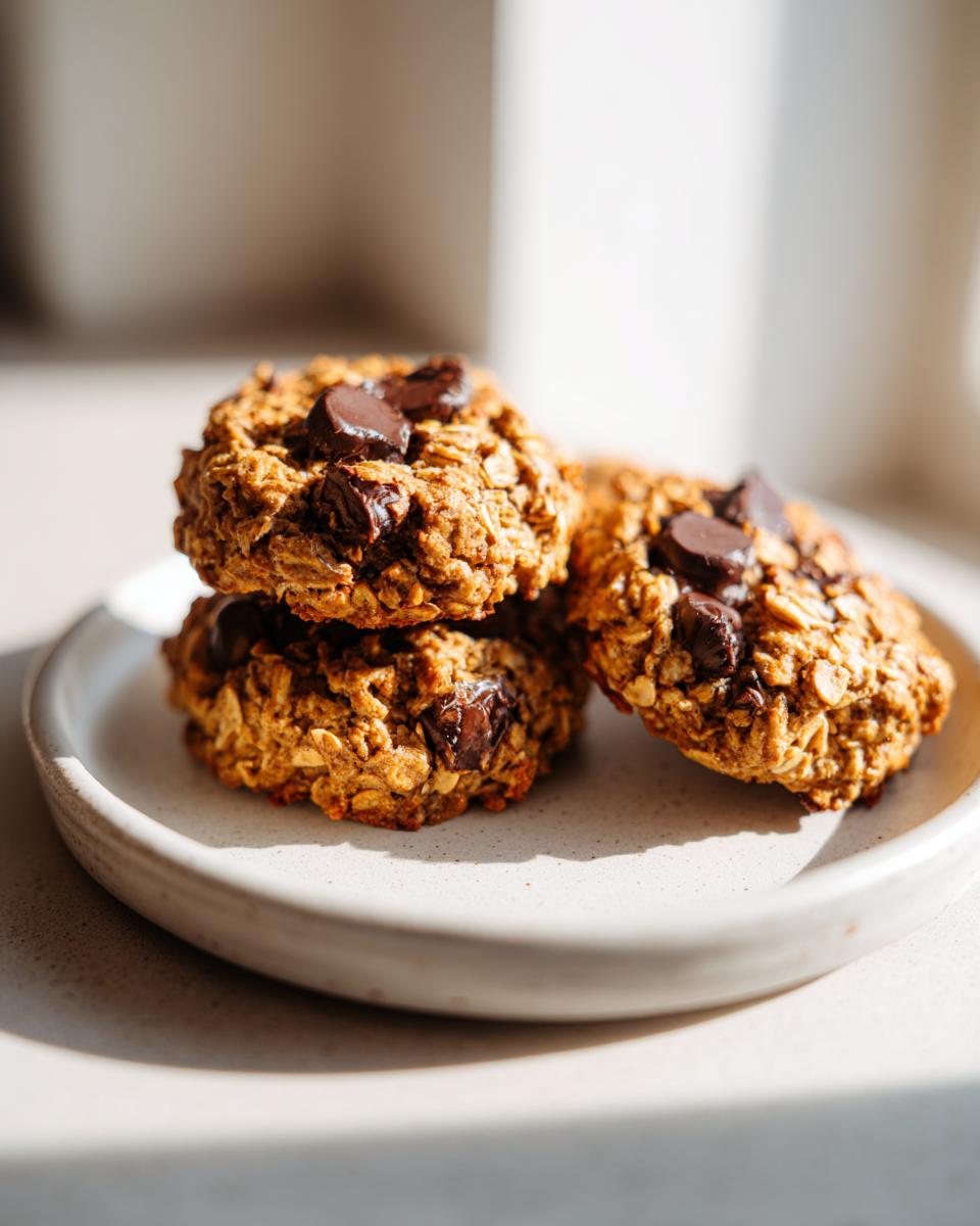 Close-up of three oatmeal chocolate chip breakfast cookie stacked on a light ceramic plate in bright sunlight.