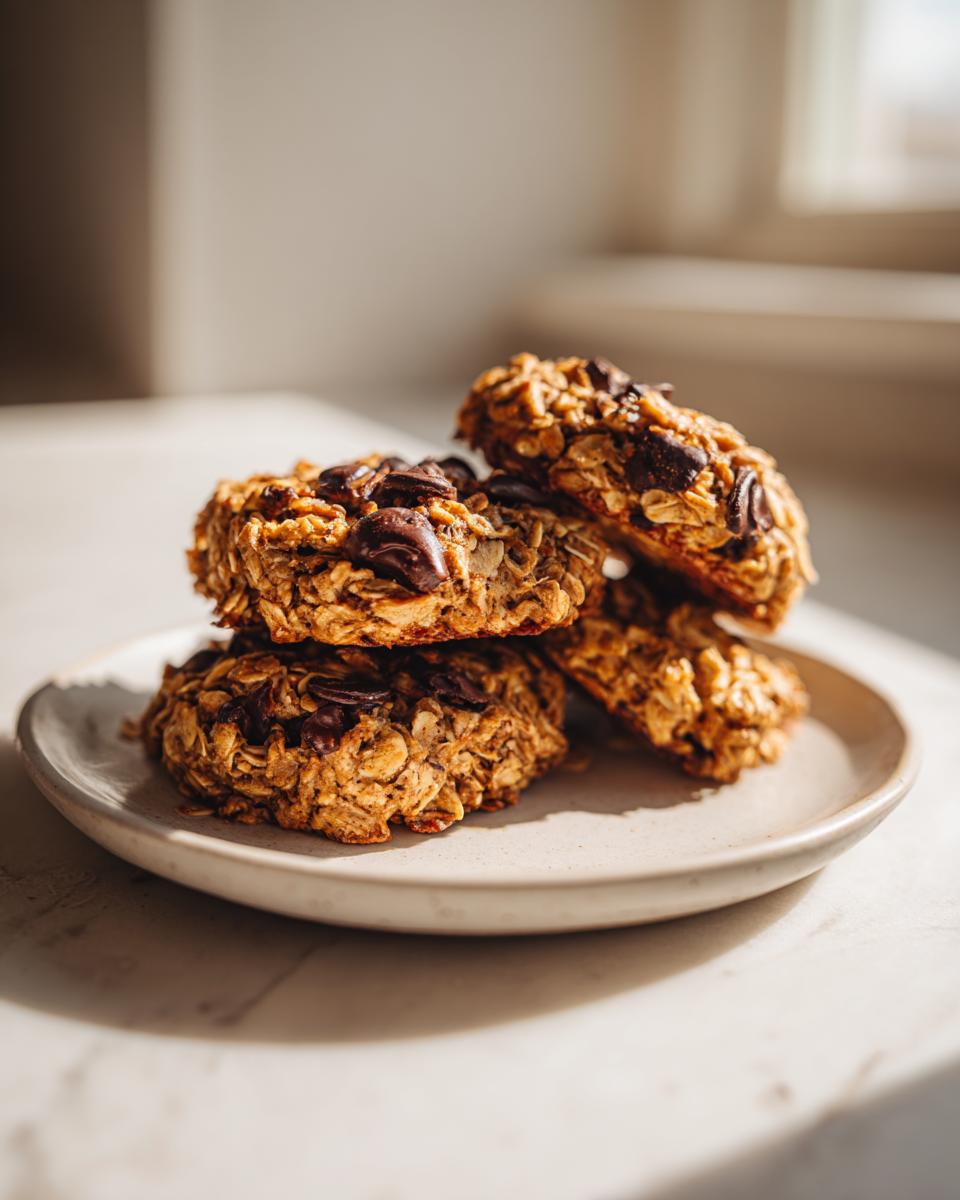 A stack of four hearty, oatmeal-based breakfast cookie with visible chocolate chips, resting on a small ceramic plate.