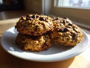 A stack of three hearty oatmeal chocolate chip breakfast cookie sitting on a white plate, backlit by sunlight.