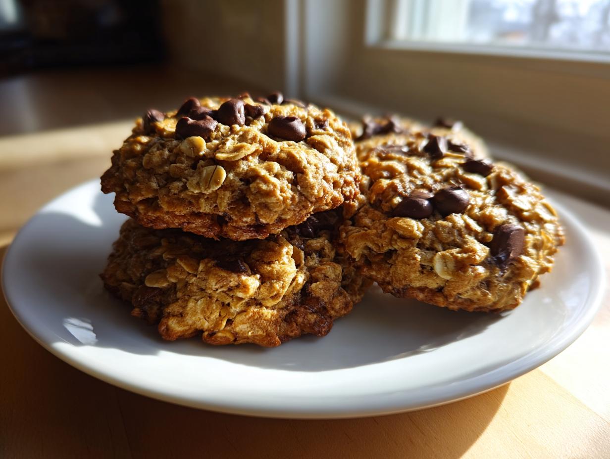 A stack of three hearty oatmeal chocolate chip breakfast cookie sitting on a white plate, backlit by sunlight.