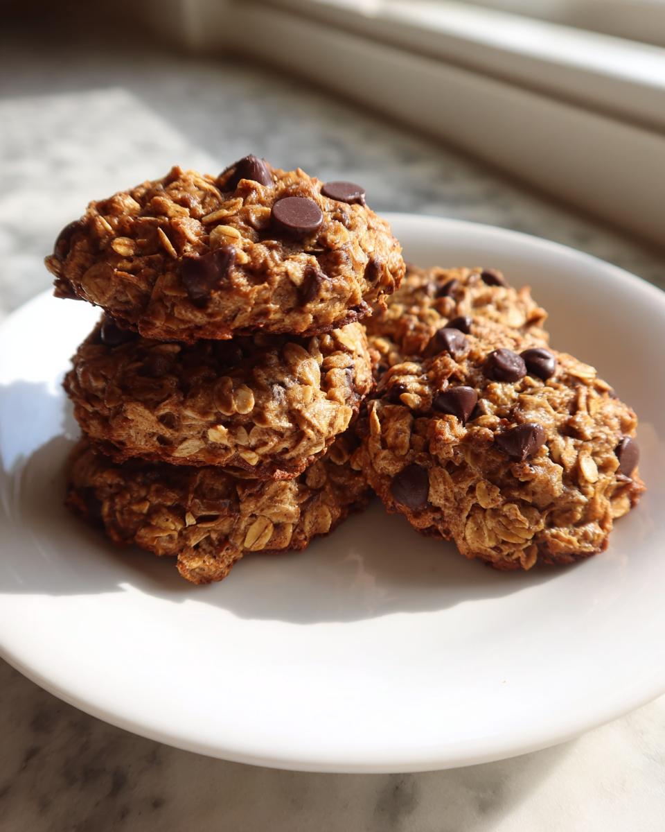 A stack of four chunky oatmeal chocolate chip breakfast cookie fuel treats on a white plate.