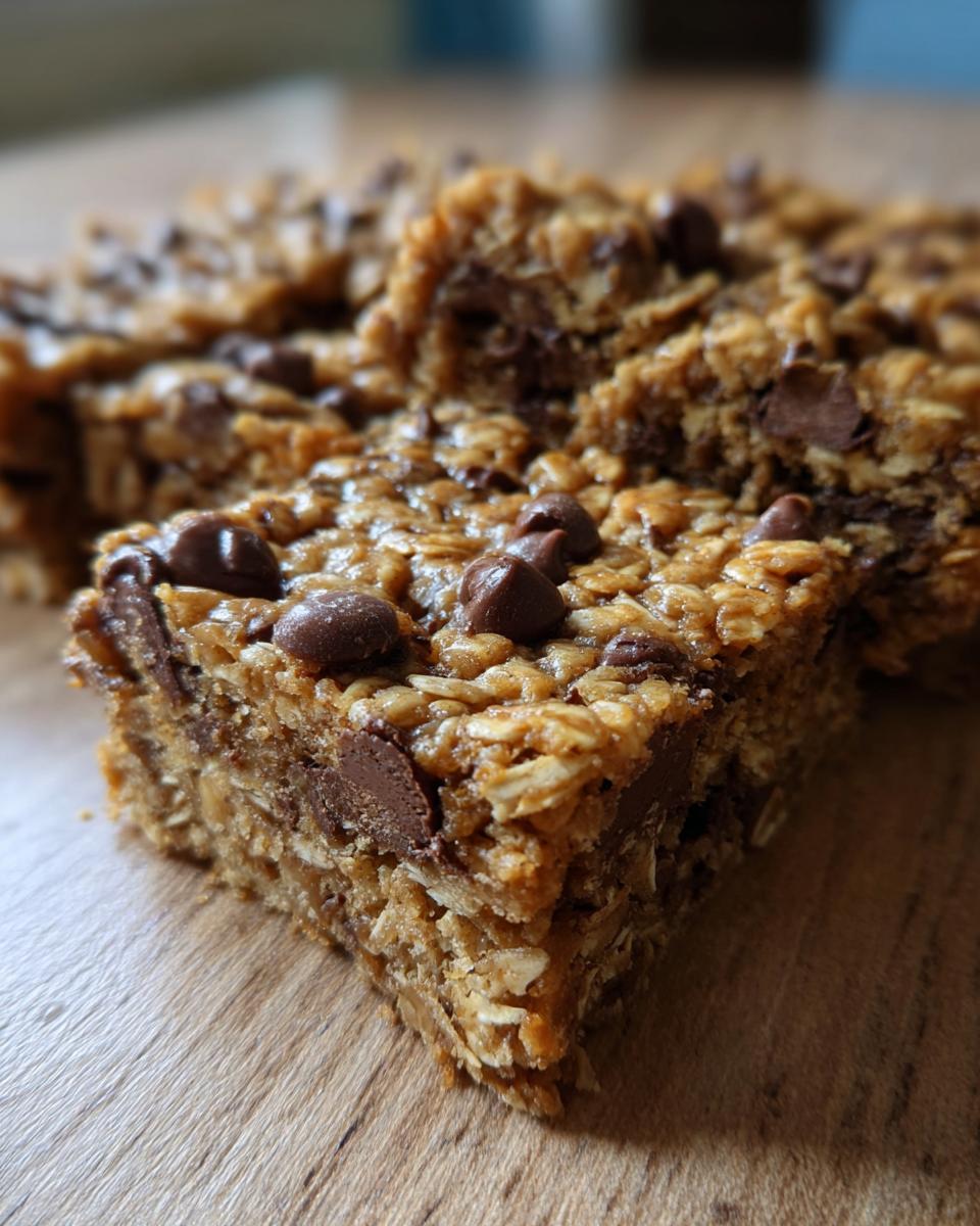 A close-up, macro shot of a freshly cut oatmeal chocolate chip peanut butter bars slice showing oats and melted chocolate chips.