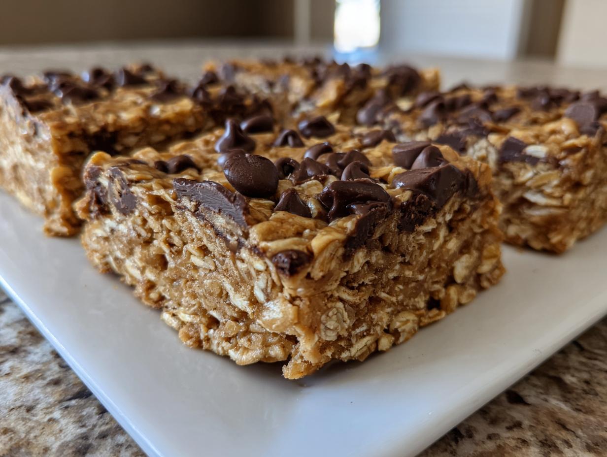 Close-up of thick, chewy oatmeal chocolate chip peanut butter bars topped with melted chocolate chips on a white plate.