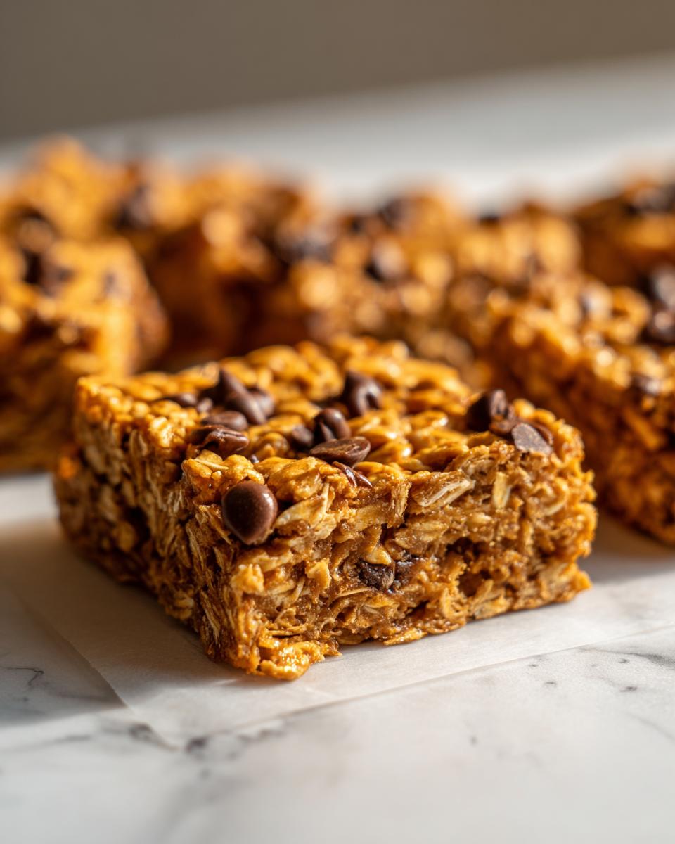 A close-up, macro shot of a thick oatmeal chocolate chip peanut butter bars square on parchment paper.