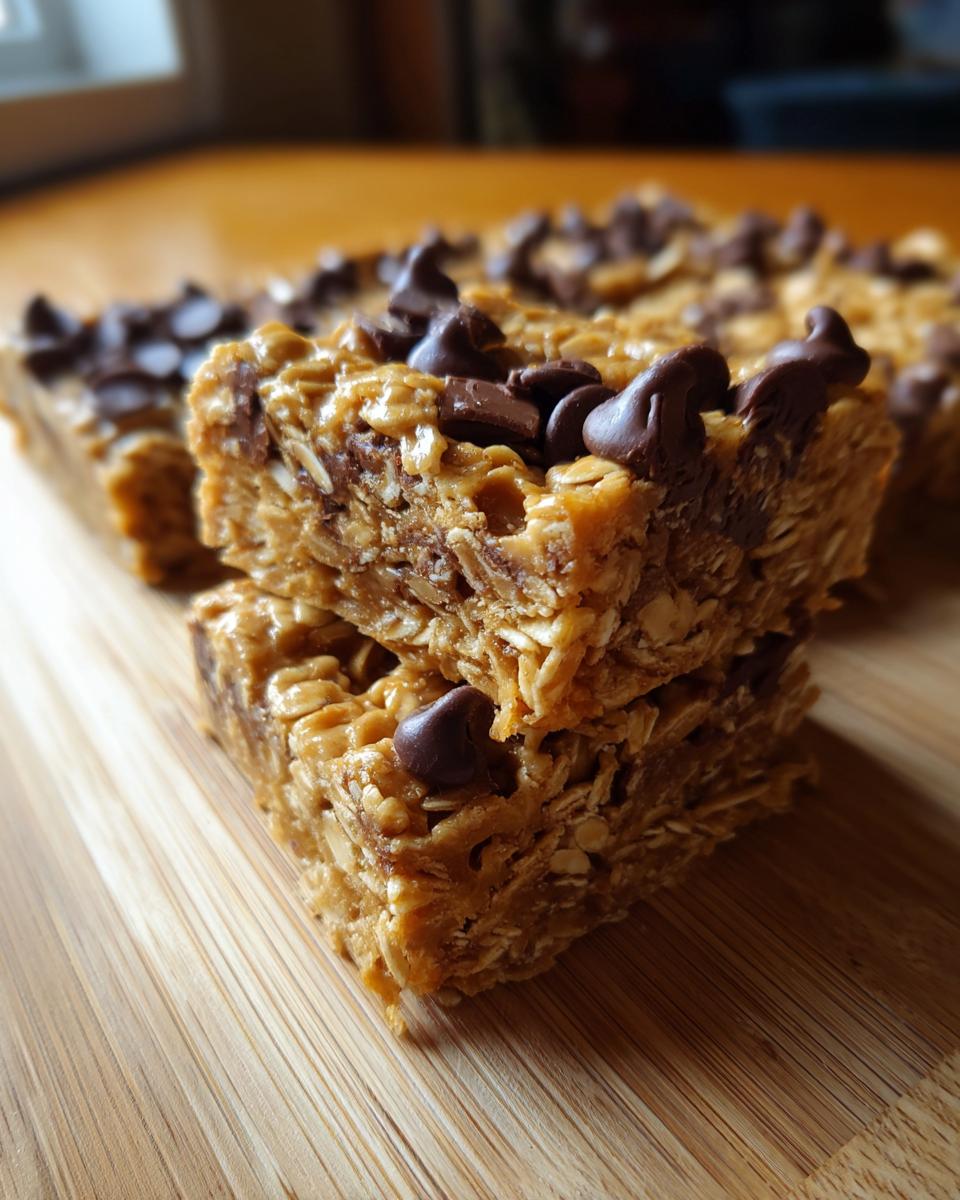 Two stacked, chewy oatmeal chocolate chip peanut butter bars topped with melted chocolate chips on a wooden cutting board.