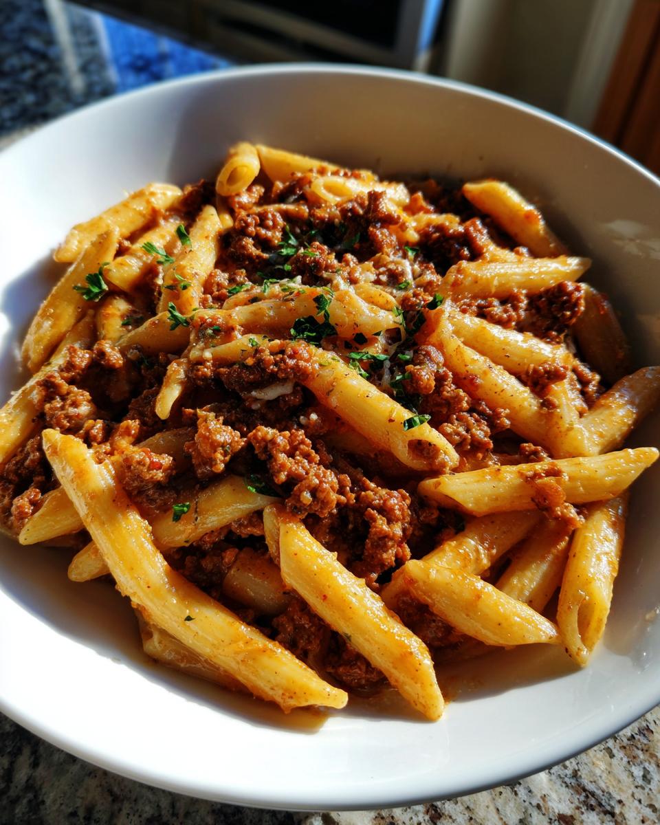 A close-up of a white bowl filled with one-pot creamy beef and garlic butter pasta, garnished with parsley.