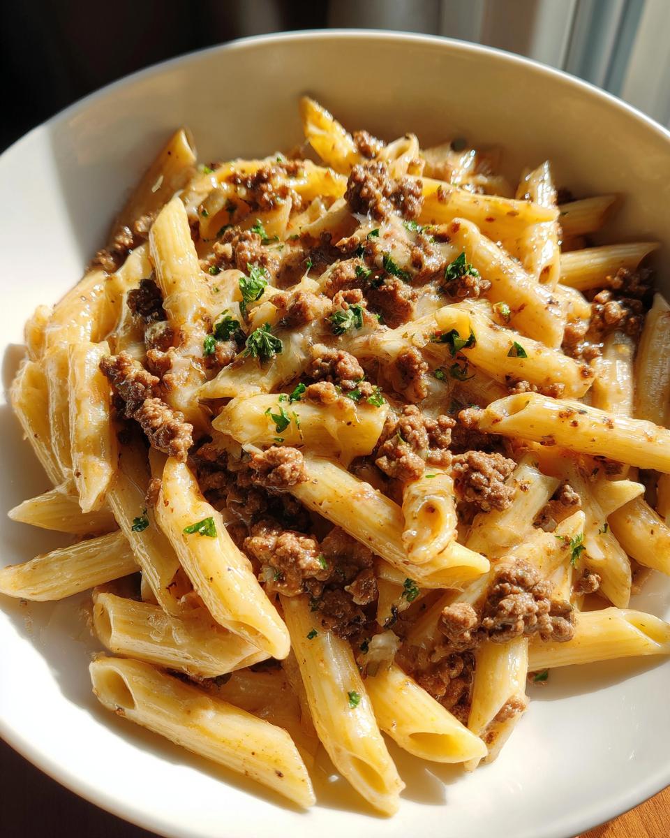 A close-up of a bowl filled with one-pot creamy beef and garlic butter pasta, featuring penne mixed with ground beef and parsley.