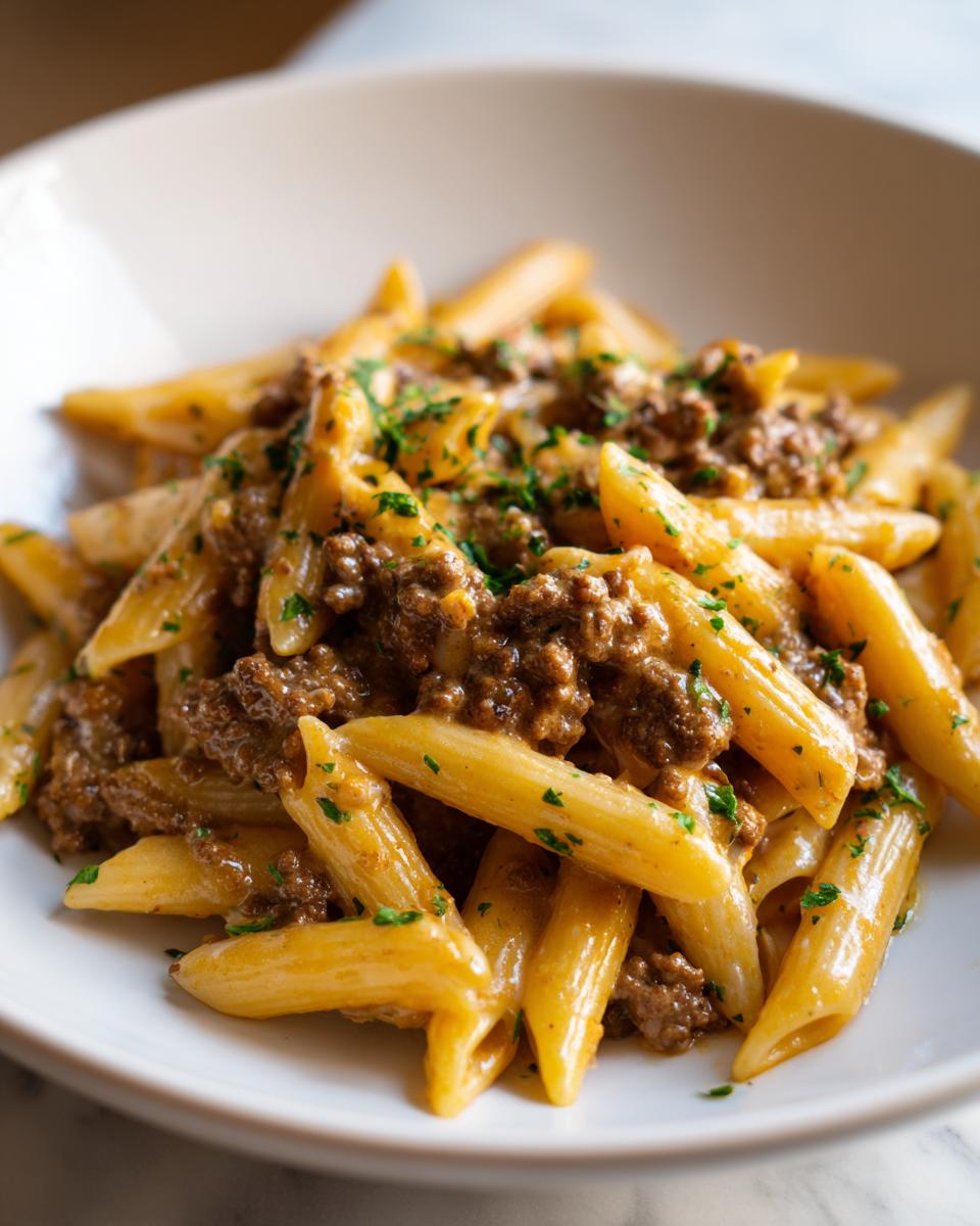 Close-up of penne pasta coated in a creamy sauce with ground beef, garnished with fresh parsley, ready to eat.