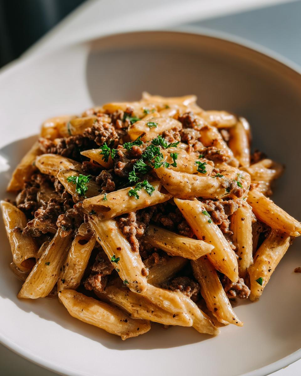 Close-up of one-pot creamy beef and garlic butter pasta with penne, ground beef, and parsley garnish.