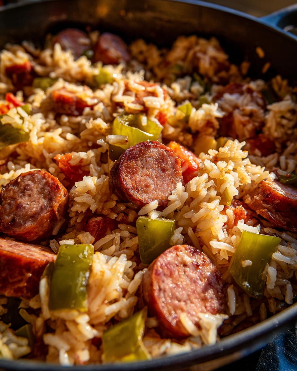Close-up of a one-pot meal featuring sliced smoked sausage mixed with rice, green peppers, and tomatoes, showcasing the sausage and rice.