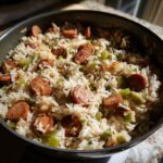 Close-up of one pot sausage and rice dish cooked with green peppers in a dark skillet.