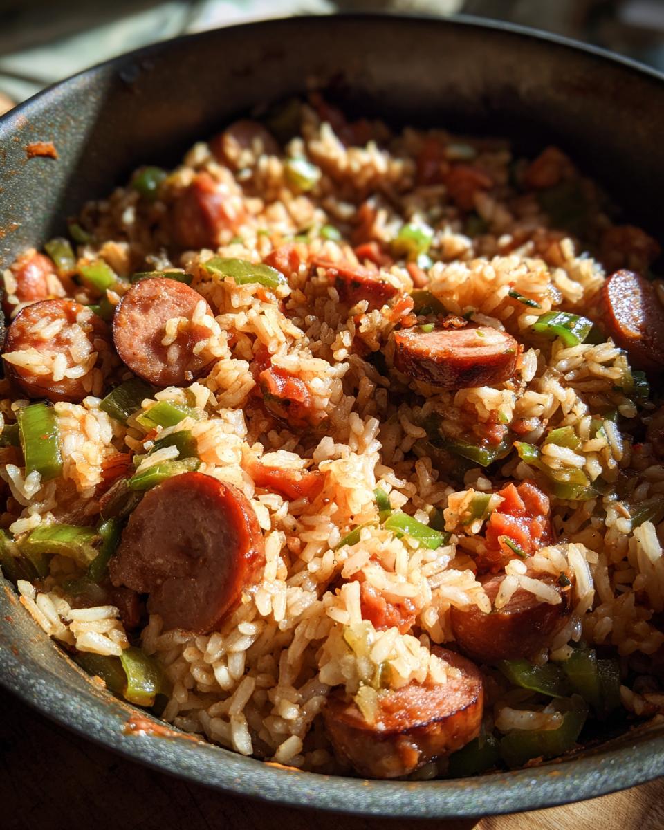 Close-up of a hearty one-pot sausage and rice dish mixed with green peppers, served directly in the cooking skillet.