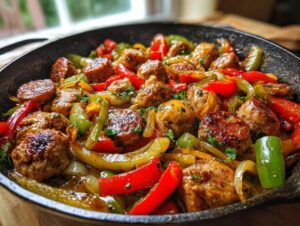 Close-up of browned chicken pieces and sausage mixed with colorful peppers and onions in a skillet, representing chicken scarpariello.