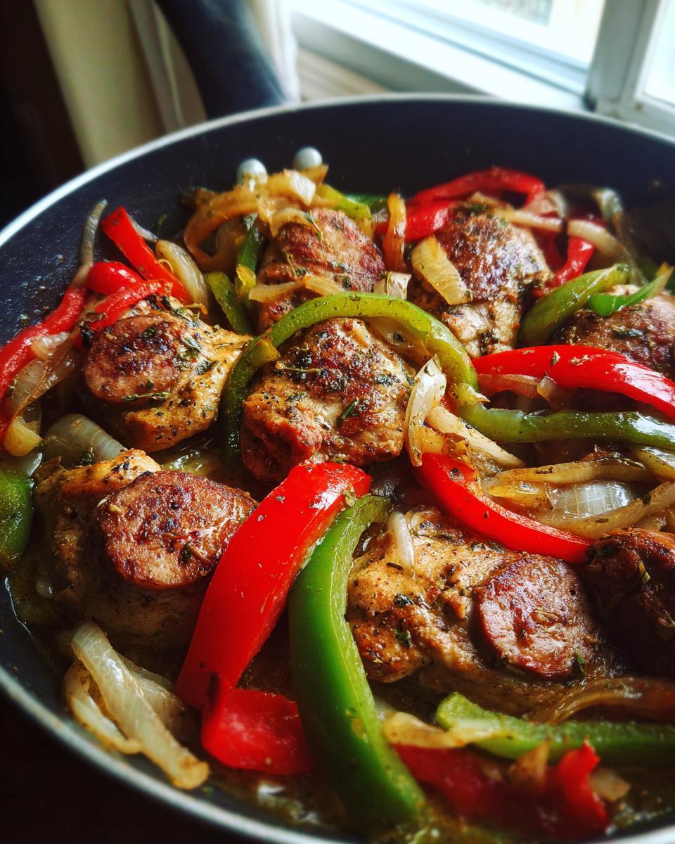 Close-up of seasoned chicken scarpariello pieces cooking with sliced red and green bell peppers and onions in a skillet.