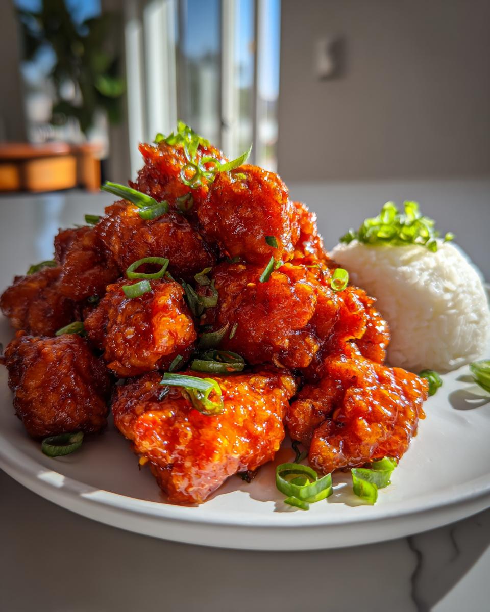 A mound of sticky, bright orange chicken pieces glazed in sauce, garnished with green onions, served next to white rice.