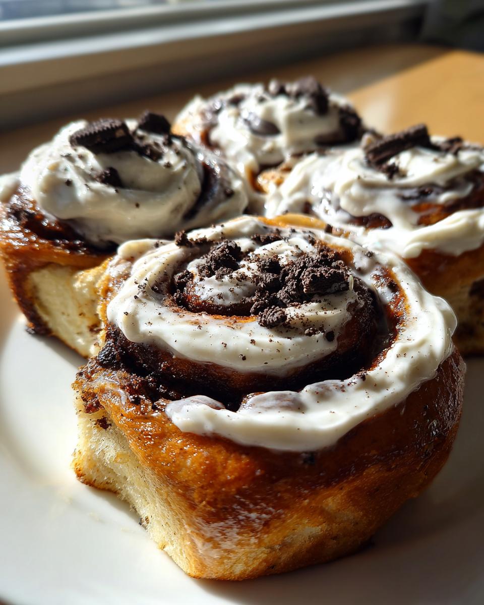 Close-up of several soft, golden Oreo cinnamon rolls topped with thick white frosting and crushed Oreo pieces.