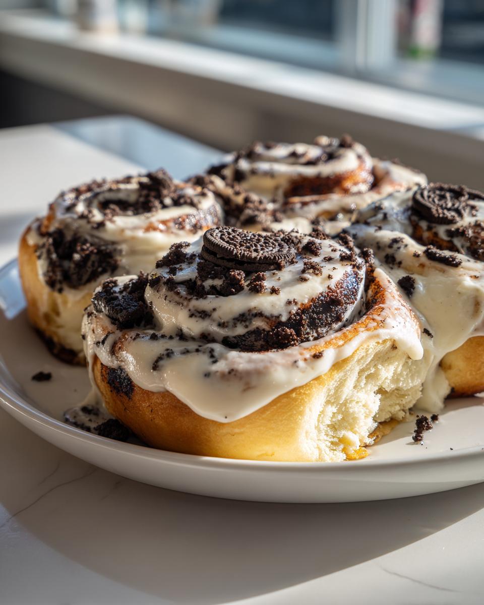 Close-up of several gooey Oreo cinnamon rolls topped with white frosting and crushed Oreo pieces.