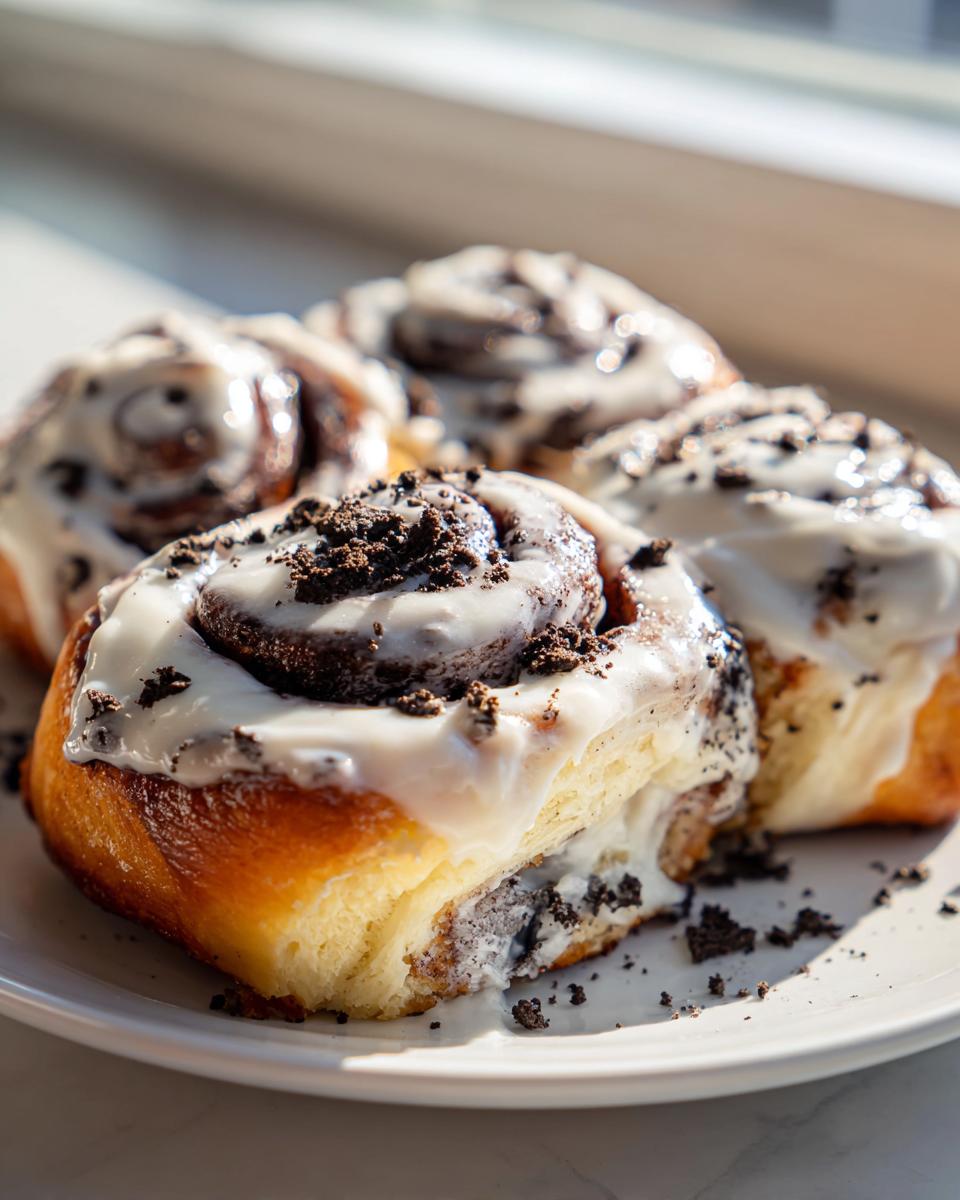 Close-up of four gooey Oreo cinnamon rolls topped with white icing and dark cookie crumbles.