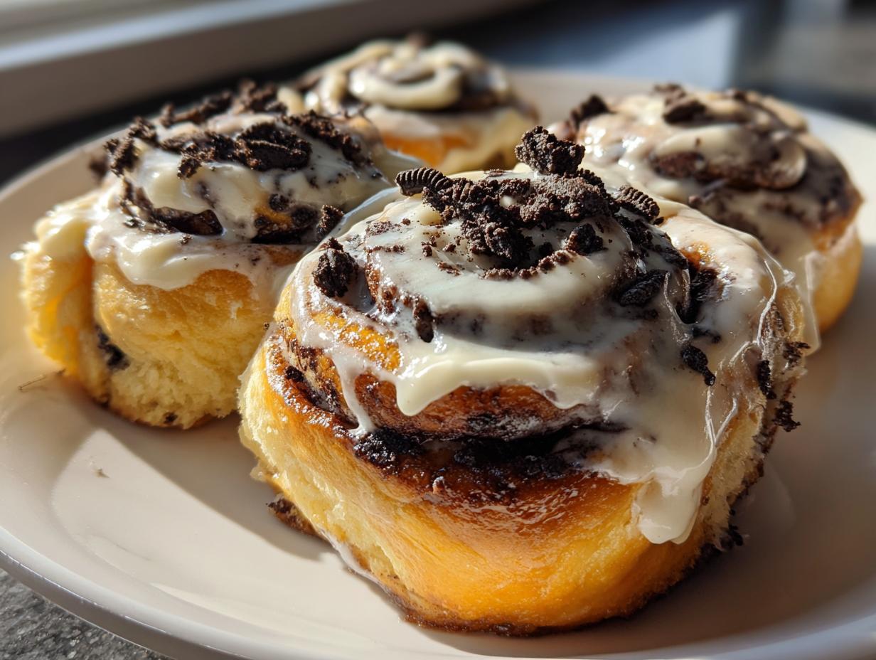 Four freshly baked Oreo cinnamon rolls covered in thick white icing and topped with crushed Oreo cookie pieces.