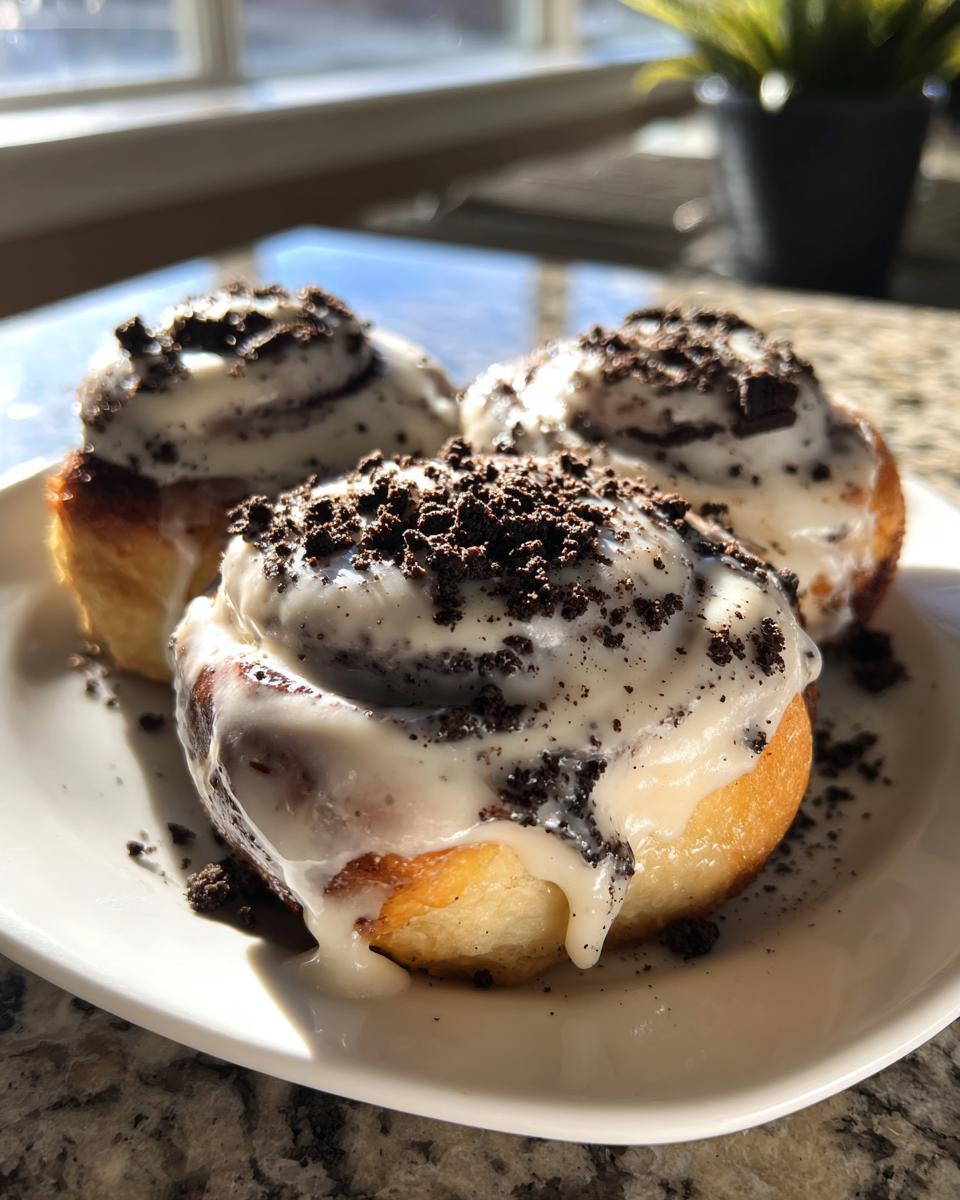 Three freshly baked Oreo cinnamon rolls covered in thick white frosting and crushed Oreo topping, sitting on a white plate.
