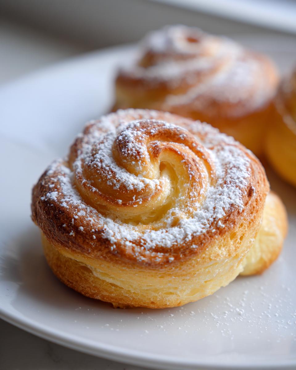 A close-up of a freshly baked Pan de Mallorca Puerto Rican sweet roll, dusted generously with powdered sugar.