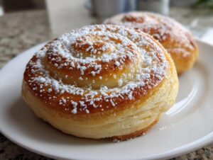 Close-up of a freshly baked pan de Mallorca Puerto Rican sweet roll dusted generously with powdered sugar.