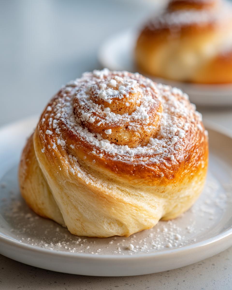 Close-up of a golden brown Pan de Mallorca Puerto Rican sweet roll dusted heavily with powdered sugar on a small white plate.