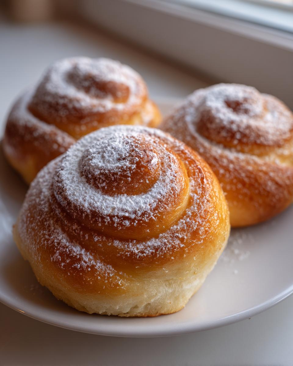 Close-up of three golden brown Pan de Mallorca Puerto Rican sweet rolls dusted generously with powdered sugar.