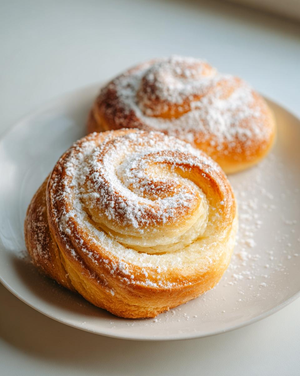 Two golden-brown Pan de Mallorca Puerto Rican sweet rolls dusted generously with powdered sugar on a light plate.