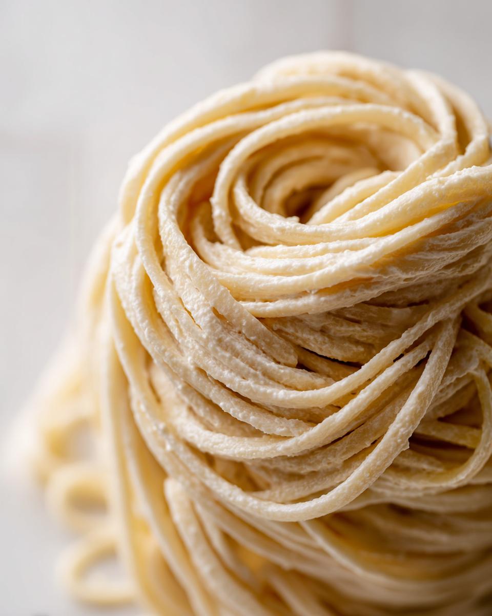 Close-up of uncooked pasta noodles coiled into a nest, ready for cottage cheese alfredo pasta.
