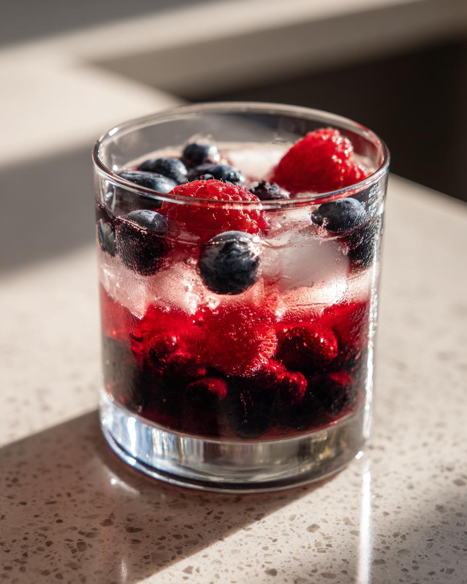 Close-up of a glass filled with ice, red syrup, blueberries, and raspberries, perfect for a patriotic punch.